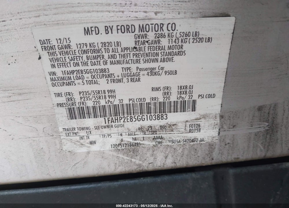 2016 FORD TAURUS VIN: 1FAHP2E85GG103883