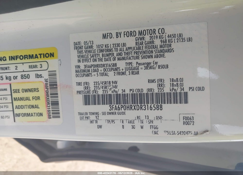 2013 FORD FUSION VIN: 3FA6P0HRXDR316588