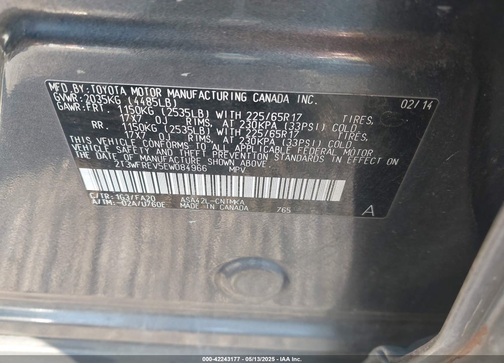 2014 TOYOTA RAV4 XLE VIN: 2T3WFREV5EW084966