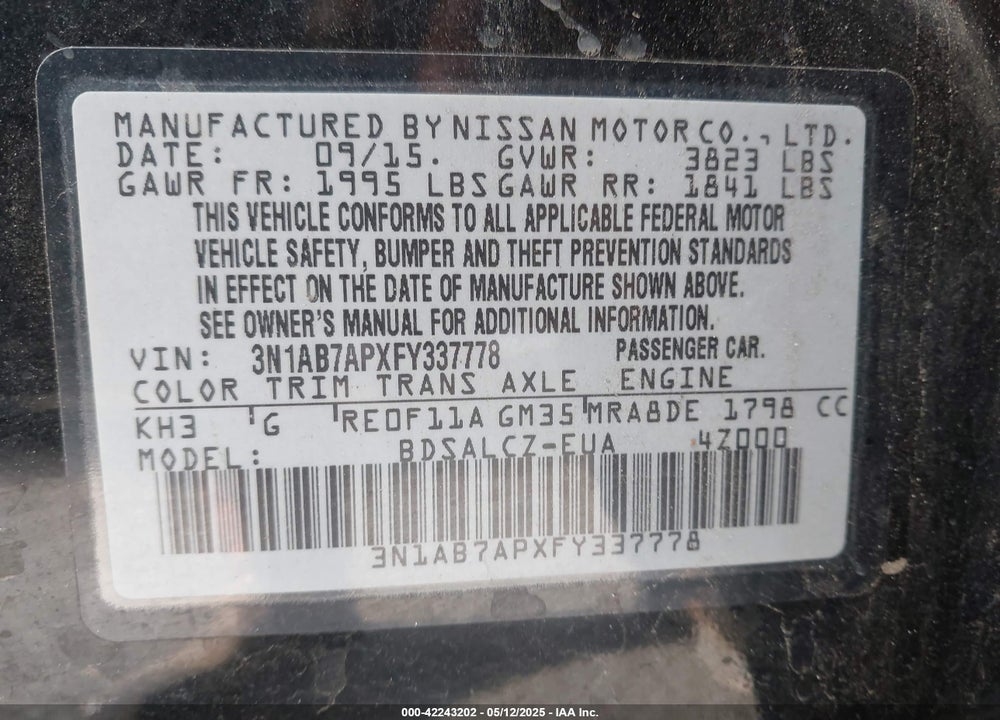 2015 NISSAN SENTRA VIN: 3N1AB7APXFY337778