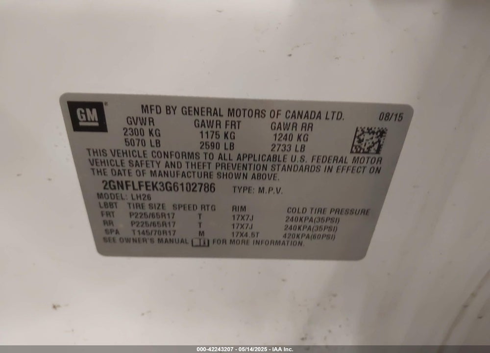 2016 CHEVROLET EQUINOX VIN: 2GNFLFEK3G6102786