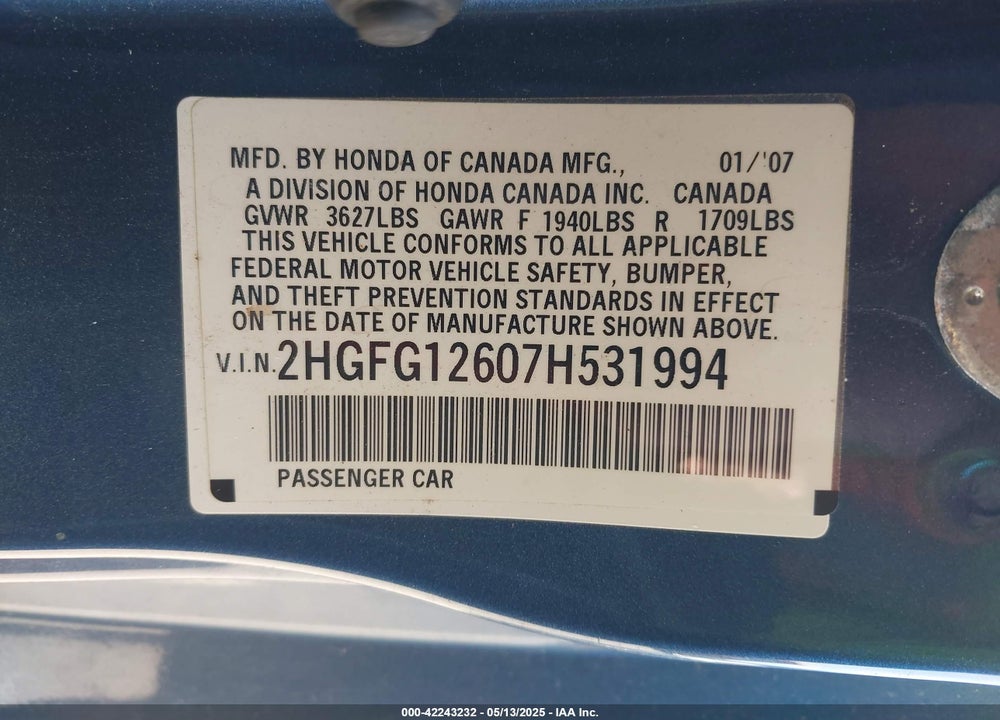 2007 HONDA CIVIC LX VIN: 2HGFG12607H531994