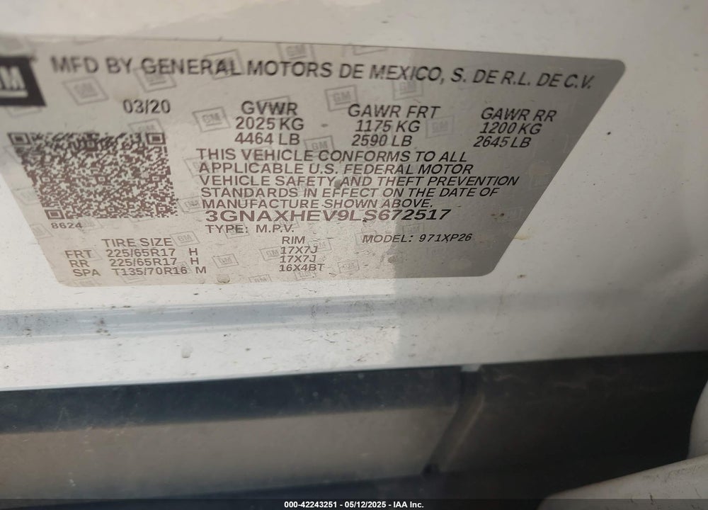 2020 CHEVROLET EQUINOX VIN: 3GNAXHEV9LS672517