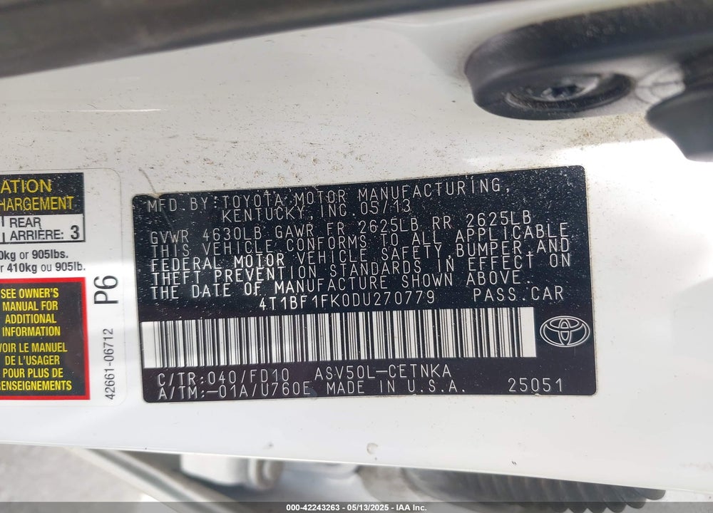 2013 TOYOTA CAMRY VIN: 4T1BF1FK0DU270779