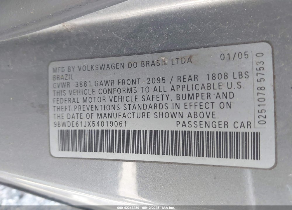 2005 VOLKSWAGEN GTI 1.8T VIN: 9BWDE61JX54019061
