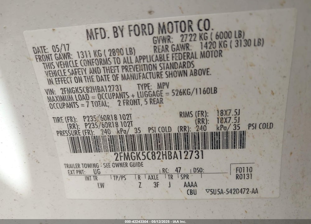 2017 FORD FLEX VIN: 2FMGK5C82HBA12731