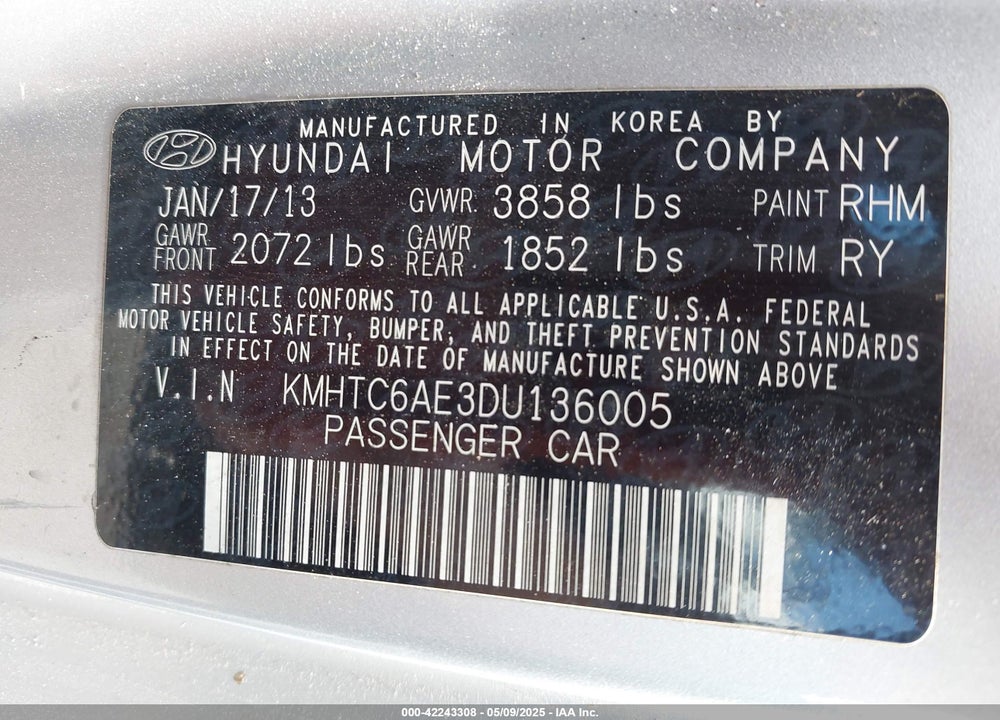 2013 HYUNDAI VELOSTER VIN: KMHTC6AE3DU136005