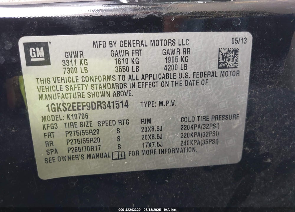2013 GMC YUKON DENALI VIN: 1GKS2EEF9DR341514