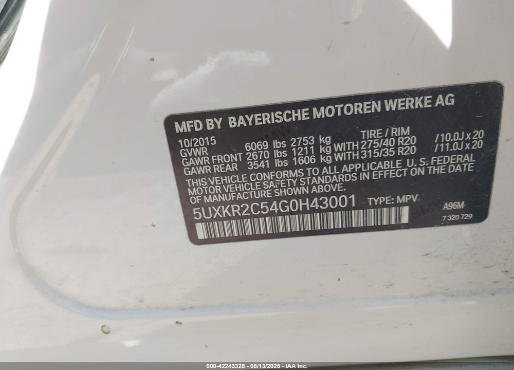 2016 BMW X5 SDRIVE35I VIN: 5UXKR2C54G0H43001