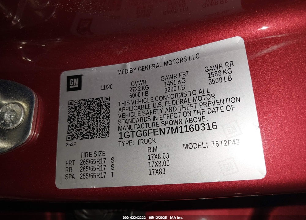 2021 GMC CANYON 4WD SHORT BOX AT4 - LEATHER VIN: 1GTG6FEN7M1160316
