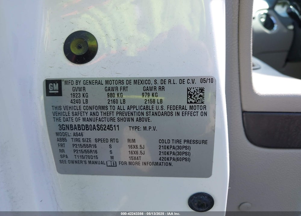 2010 CHEVROLET HHR LT VIN: 3GNBABDB0AS624511