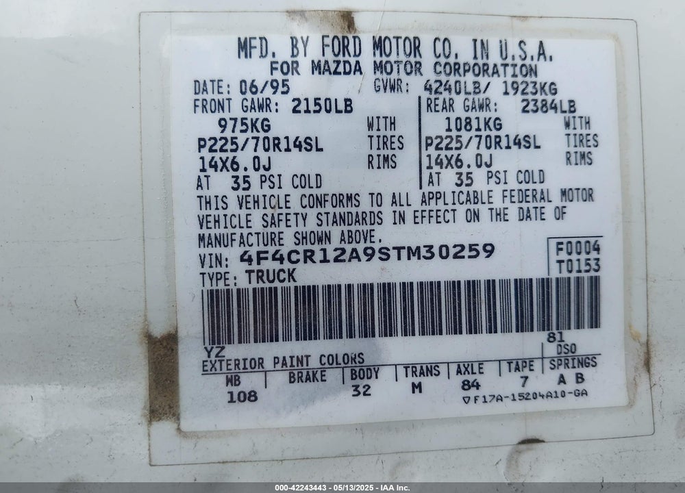 1995 MAZDA B2300 VIN: 4F4CR12A9STM30259