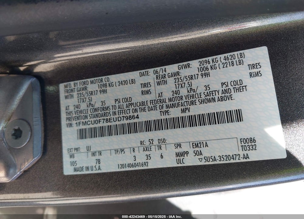 2014 FORD ESCAPE S VIN: 1FMCU0F78EUD79864