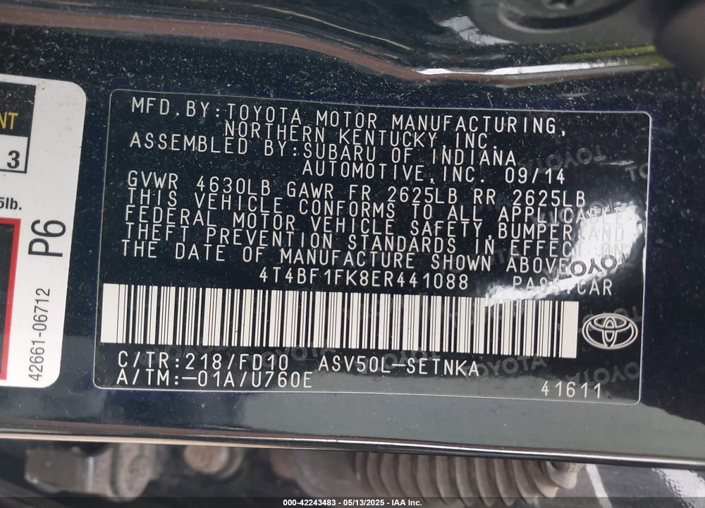 2014 TOYOTA CAMRY VIN: 4T4BF1FK8ER441088