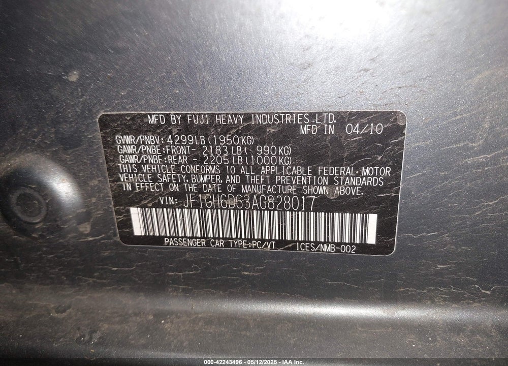 2010 SUBARU IMPREZA VIN: JF1GH6D63AG828017