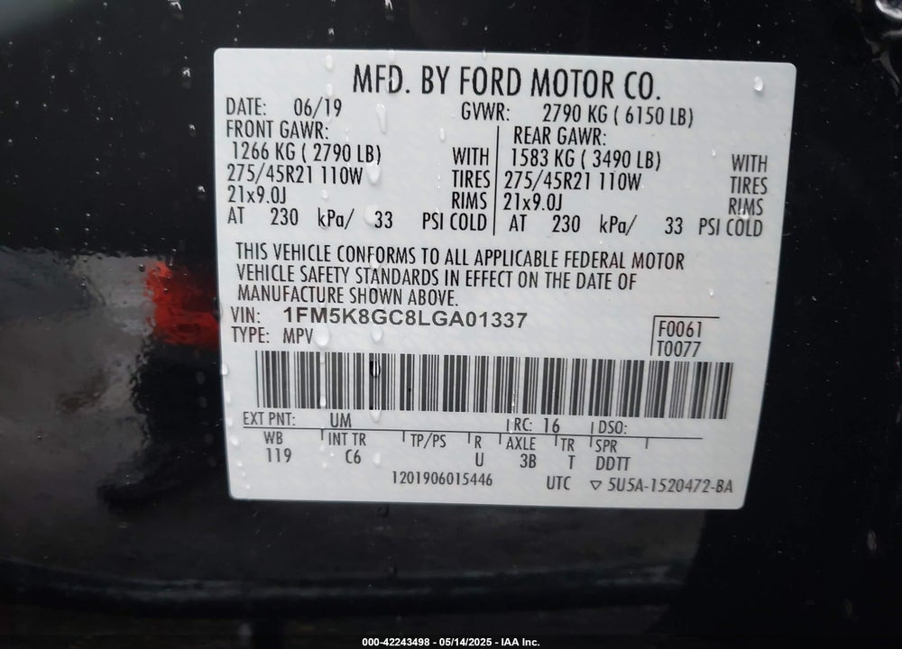2020 FORD EXPLORER VIN: 1FM5K8GC8LGA01337