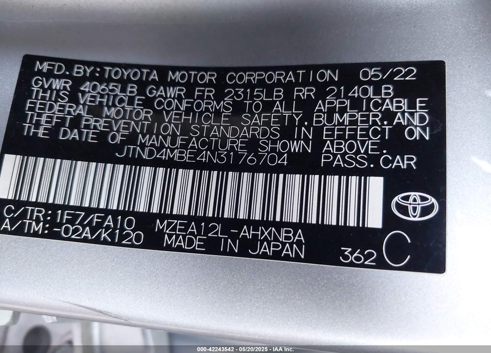 2022 TOYOTA COROLLA SE VIN: JTND4MBE4N3176704