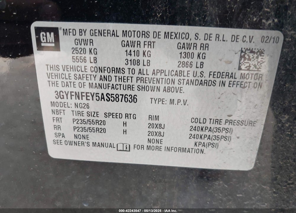 2010 CADILLAC SRX VIN: 3GYFNFEY5AS587636