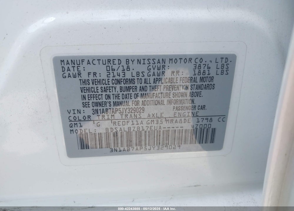 2018 NISSAN SENTRA VIN: 3N1AB7AP5JY329029