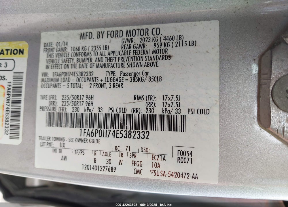 2014 FORD FUSION VIN: 1FA6P0H74E5382332