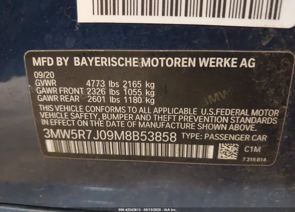 2021 BMW 330I VIN: 3MW5R7J09M8B53858