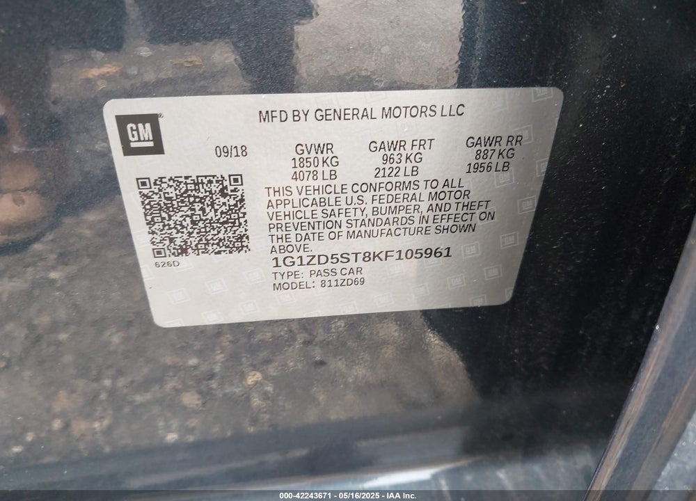 2019 CHEVROLET MALIBU VIN: 1G1ZD5ST8KF105961