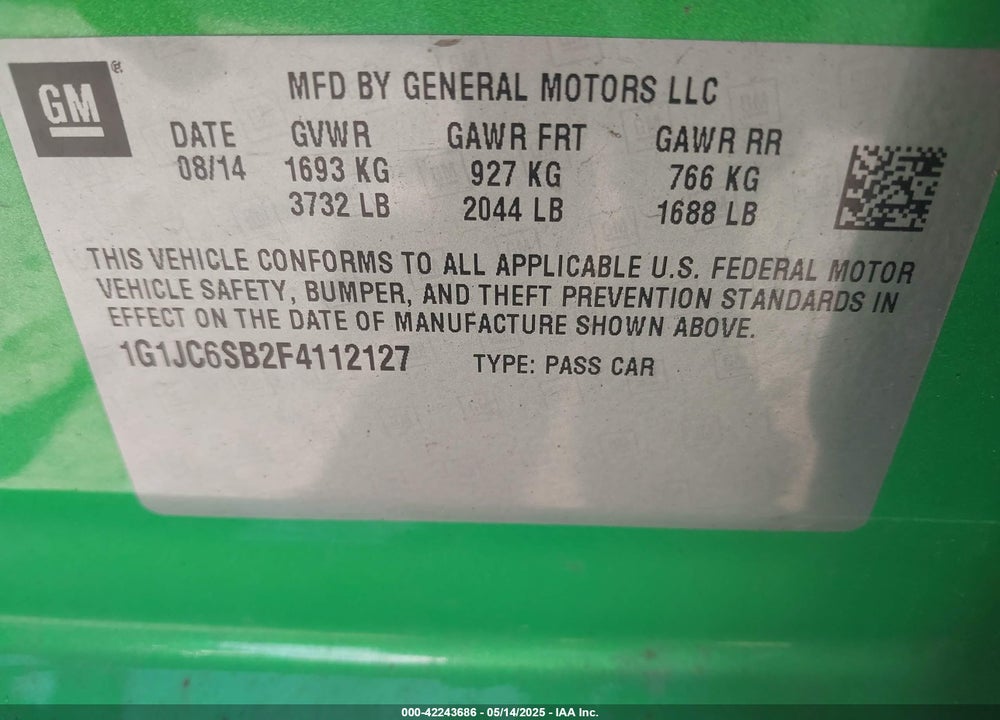 2015 CHEVROLET SONIC VIN: 1G1JC6SB2F4112127