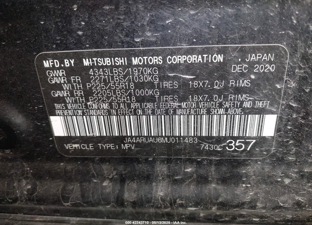 2021 MITSUBISHI OUTLANDER SPORT VIN: JA4ARUAU6MU011483