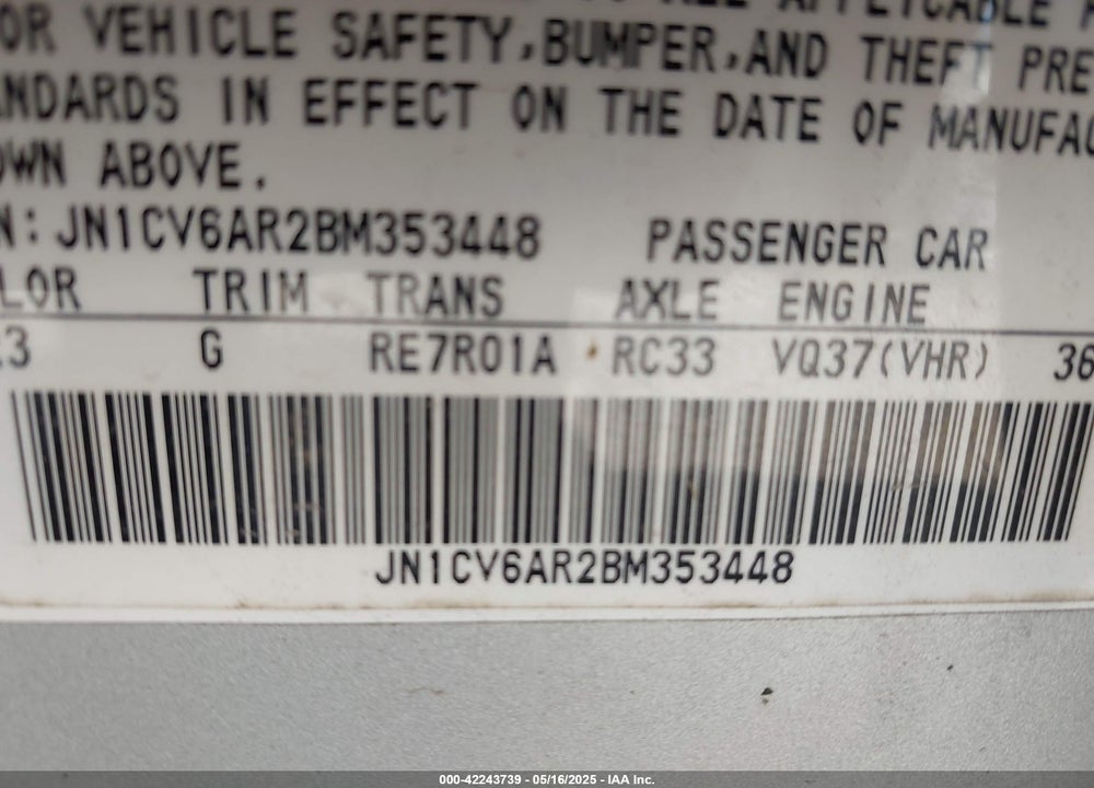 2011 INFINITI G37X VIN: JN1CV6AR2BM353448