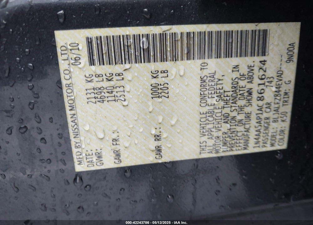 2010 NISSAN MAXIMA VIN: 1N4AA5AP1AC861624