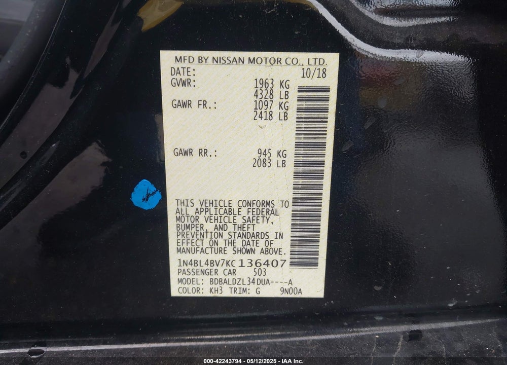 2019 NISSAN ALTIMA 2.5 S VIN: 1N4BL4BV7KC136407