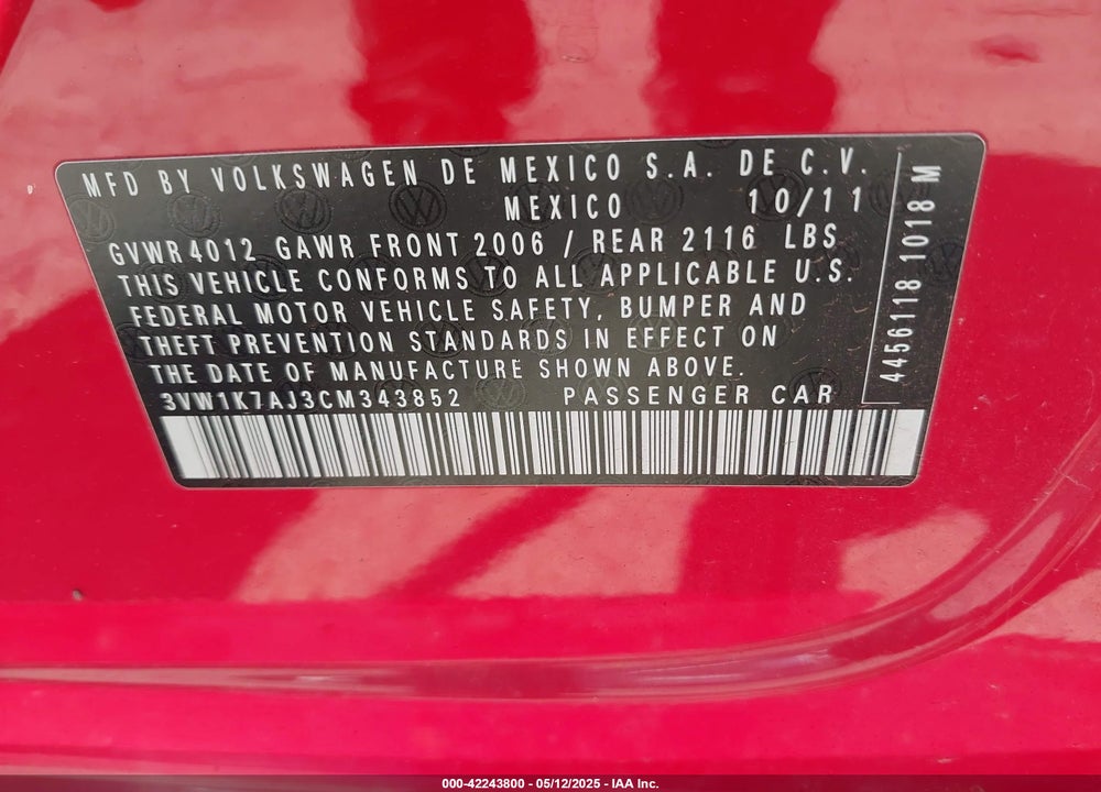 2012 VOLKSWAGEN JETTA VIN: 3VW1K7AJ3CM343852