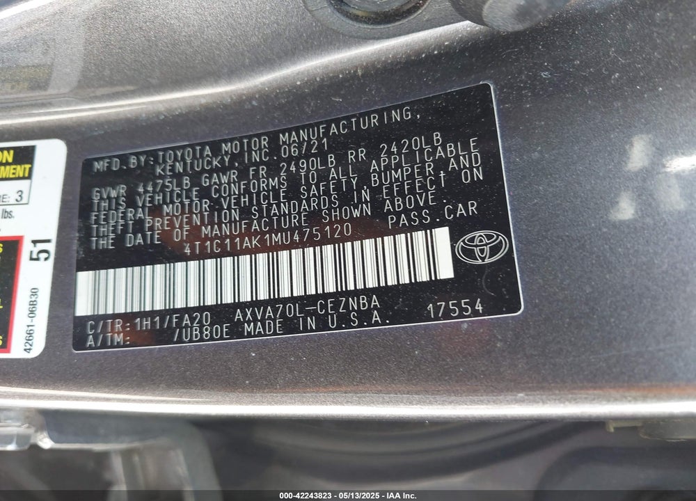 2021 TOYOTA CAMRY VIN: 4T1C11AK1MU475120