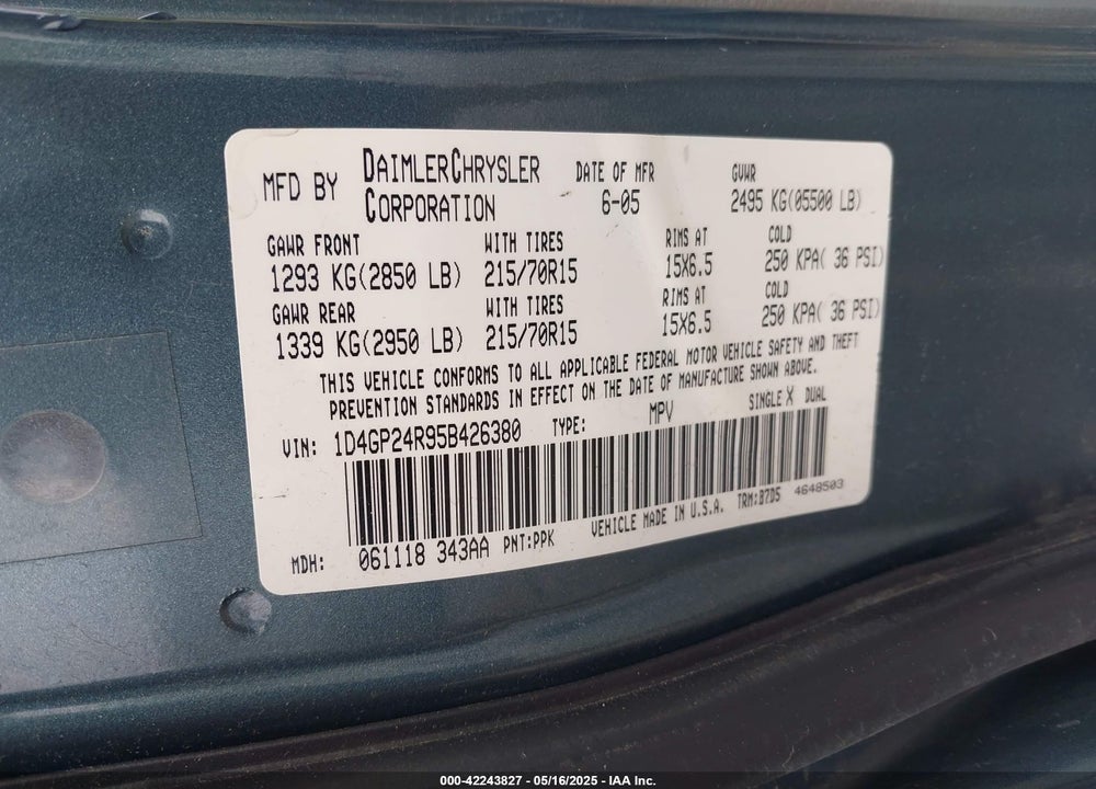 2005 DODGE GRAND CARAVAN SE VIN: 1D4GP24R95B426380