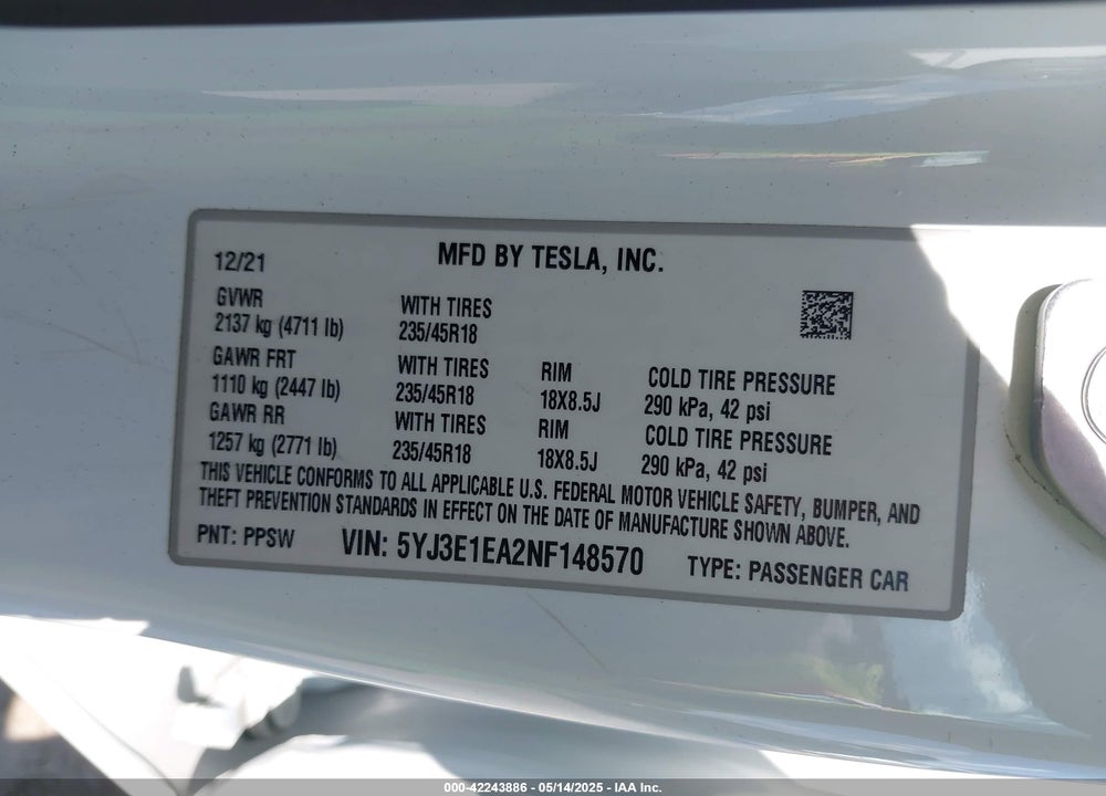 2022 TESLA MODEL 3 VIN: 5YJ3E1EA2NF148570