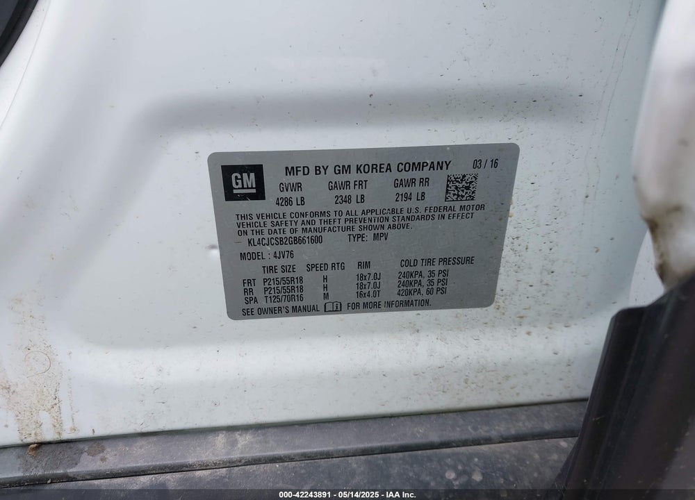 2016 BUICK ENCORE LEATHER VIN: KL4CJCSB2GB661600