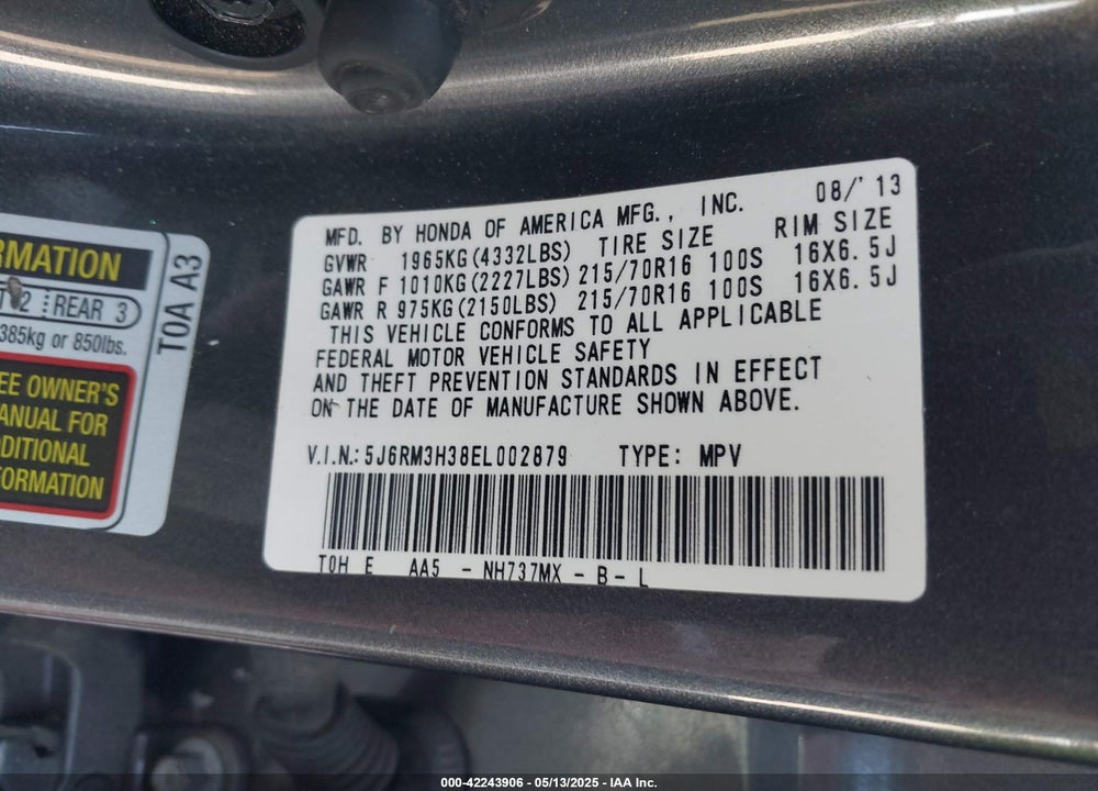 2014 HONDA CR-V LX VIN: 5J6RM3H38EL002879