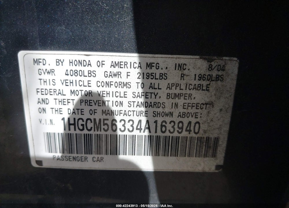 2004 HONDA ACCORD 2.4 LX VIN: 1HGCM56334A163940