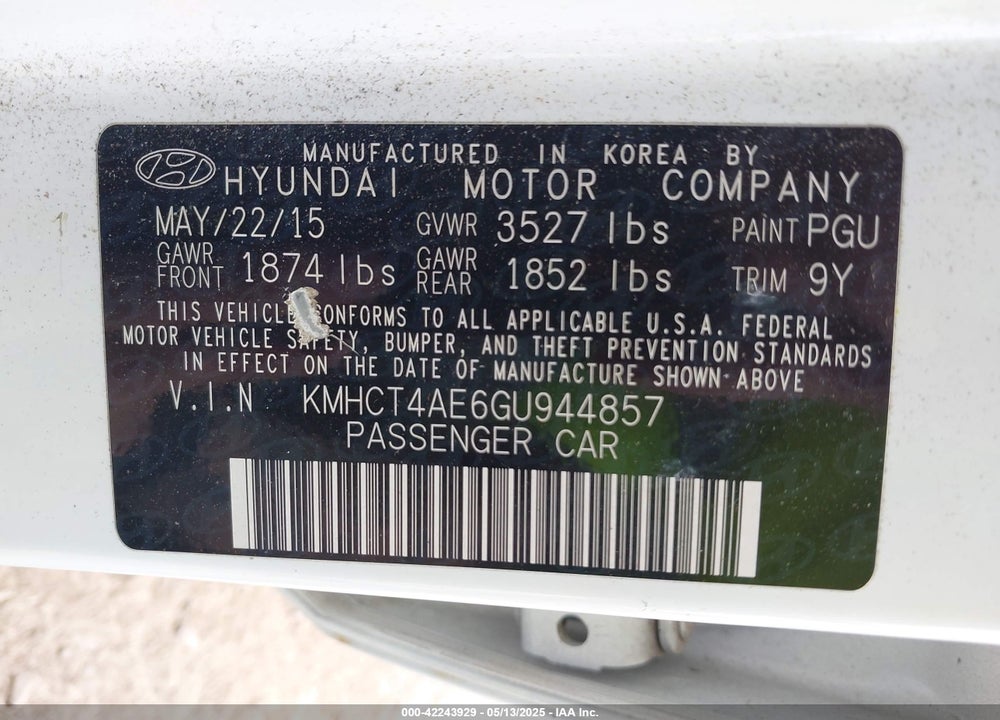 2016 HYUNDAI ACCENT SE VIN: KMHCT4AE6GU944857
