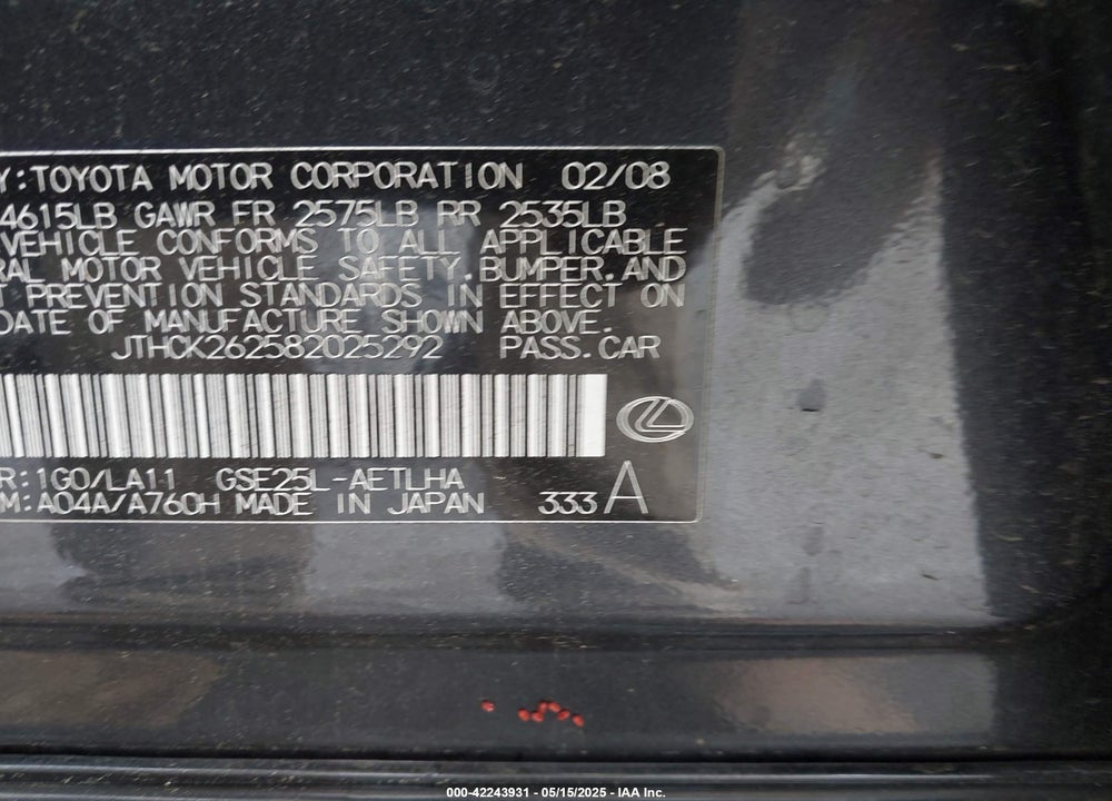 2008 LEXUS IS 250 VIN: JTHCK262582025292