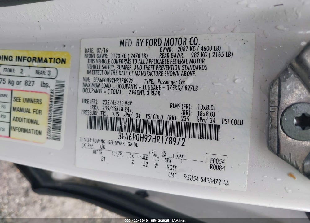 2017 FORD FUSION VIN: 3FA6P0H92HR178972
