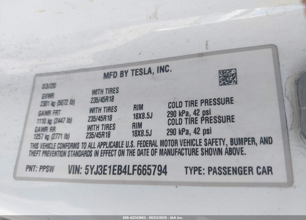 2020 TESLA MODEL 3 VIN: 5YJ3E1EB4LF665794