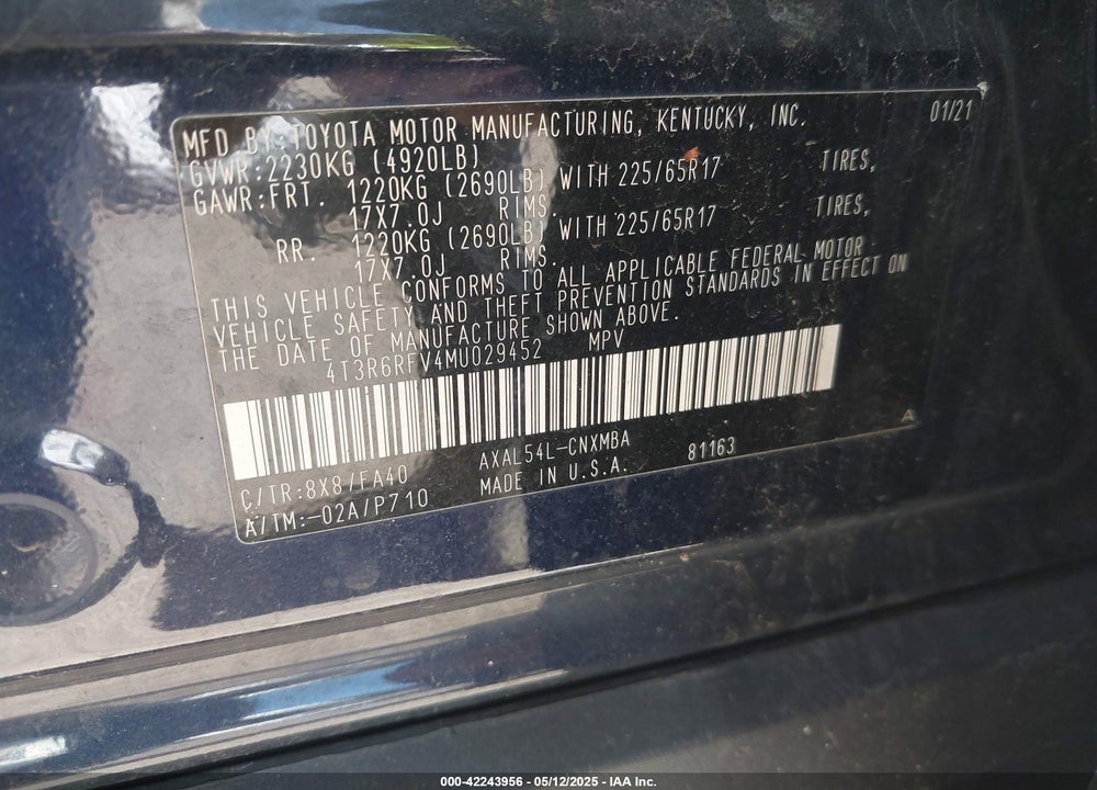 2021 TOYOTA RAV4 HYBRID VIN: 4T3R6RFV4MU029452