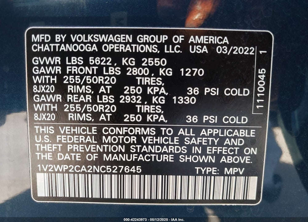 2022 VOLKSWAGEN ATLAS VIN: 1V2WP2CA2NC527645