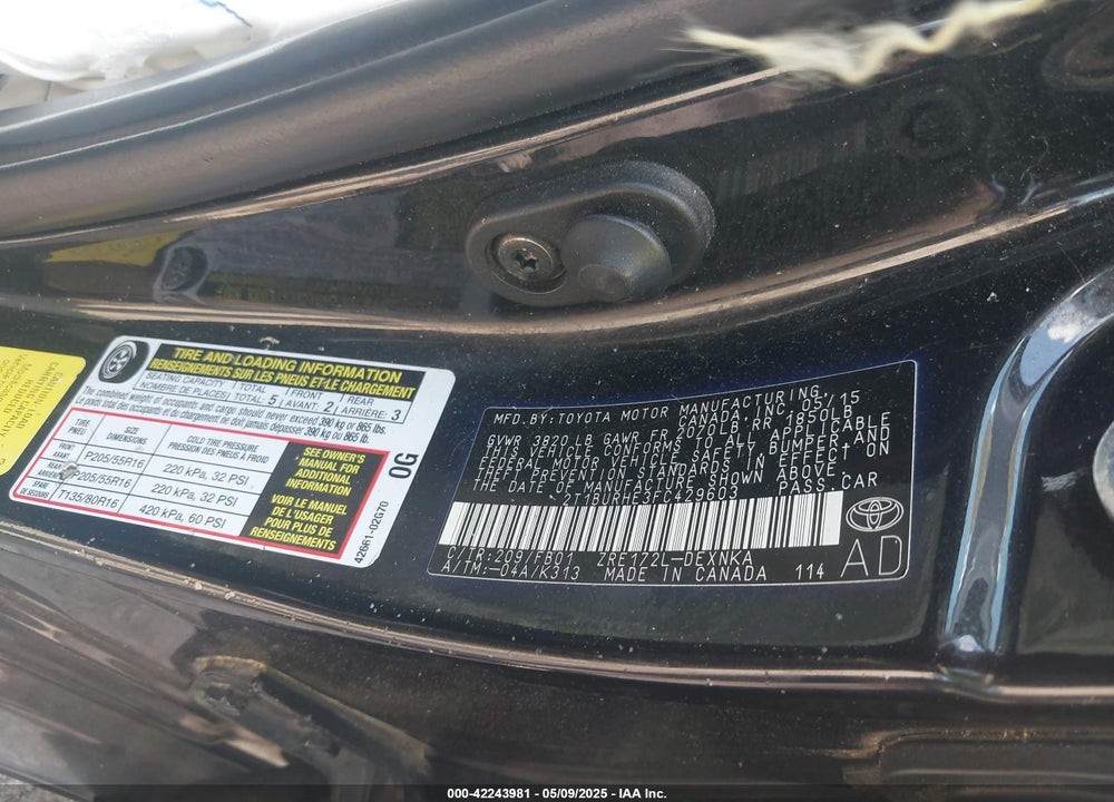 2015 TOYOTA COROLLA VIN: 2T1BURHE3FC429603
