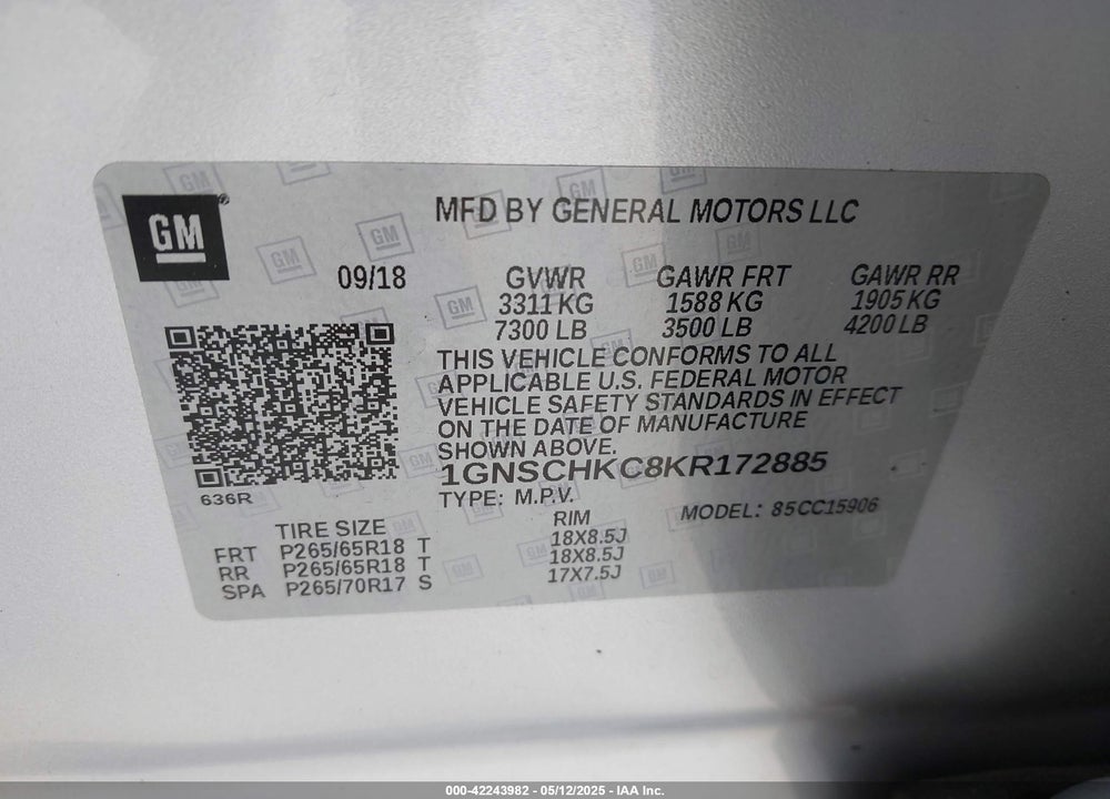 2019 CHEVROLET SUBURBAN VIN: 1GNSCHKC8KR172885