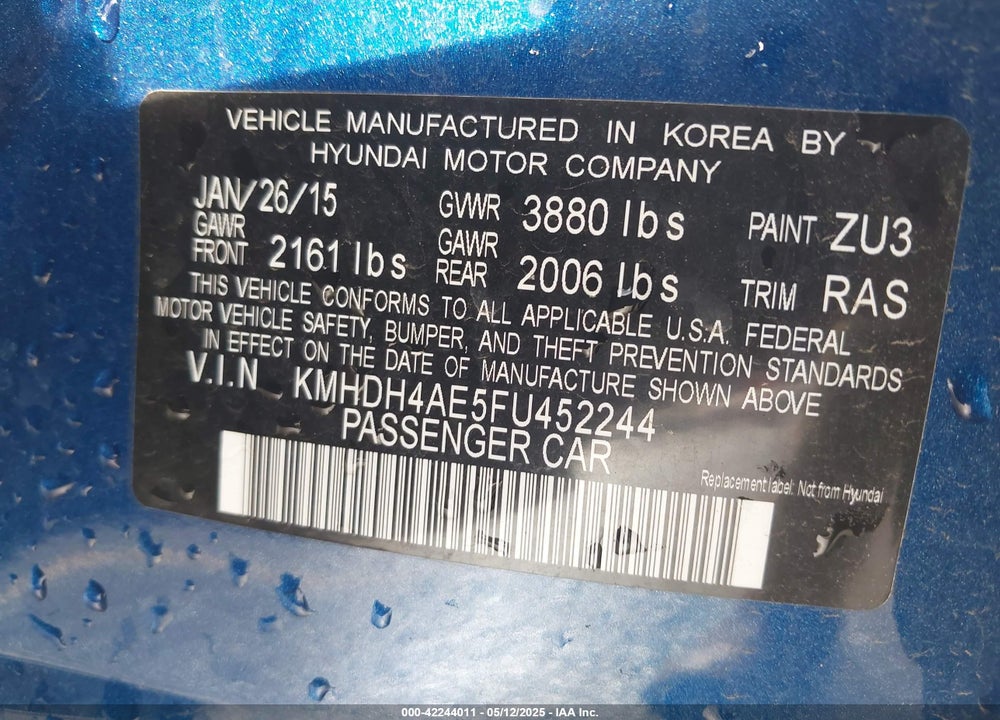 2015 HYUNDAI ELANTRA VIN: KMHDH4AE5FU452244