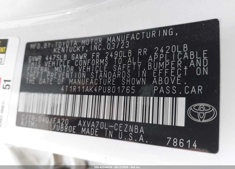 2023 TOYOTA CAMRY VIN: 4T1R11AK4PU801765