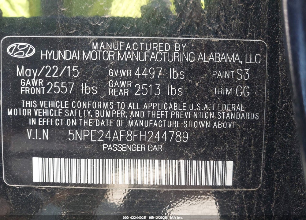 2015 HYUNDAI SONATA VIN: 5NPE24AF8FH244789