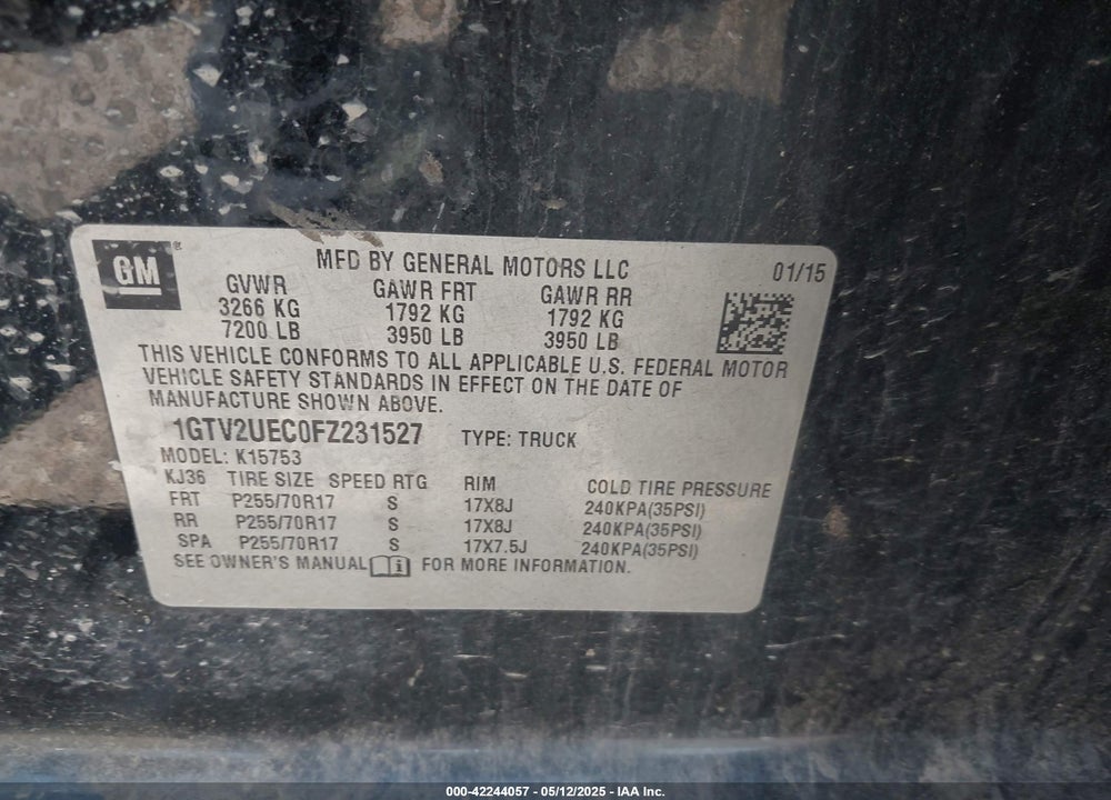 2015 GMC SIERRA 1500 VIN: 1GTV2UEC0FZ231527